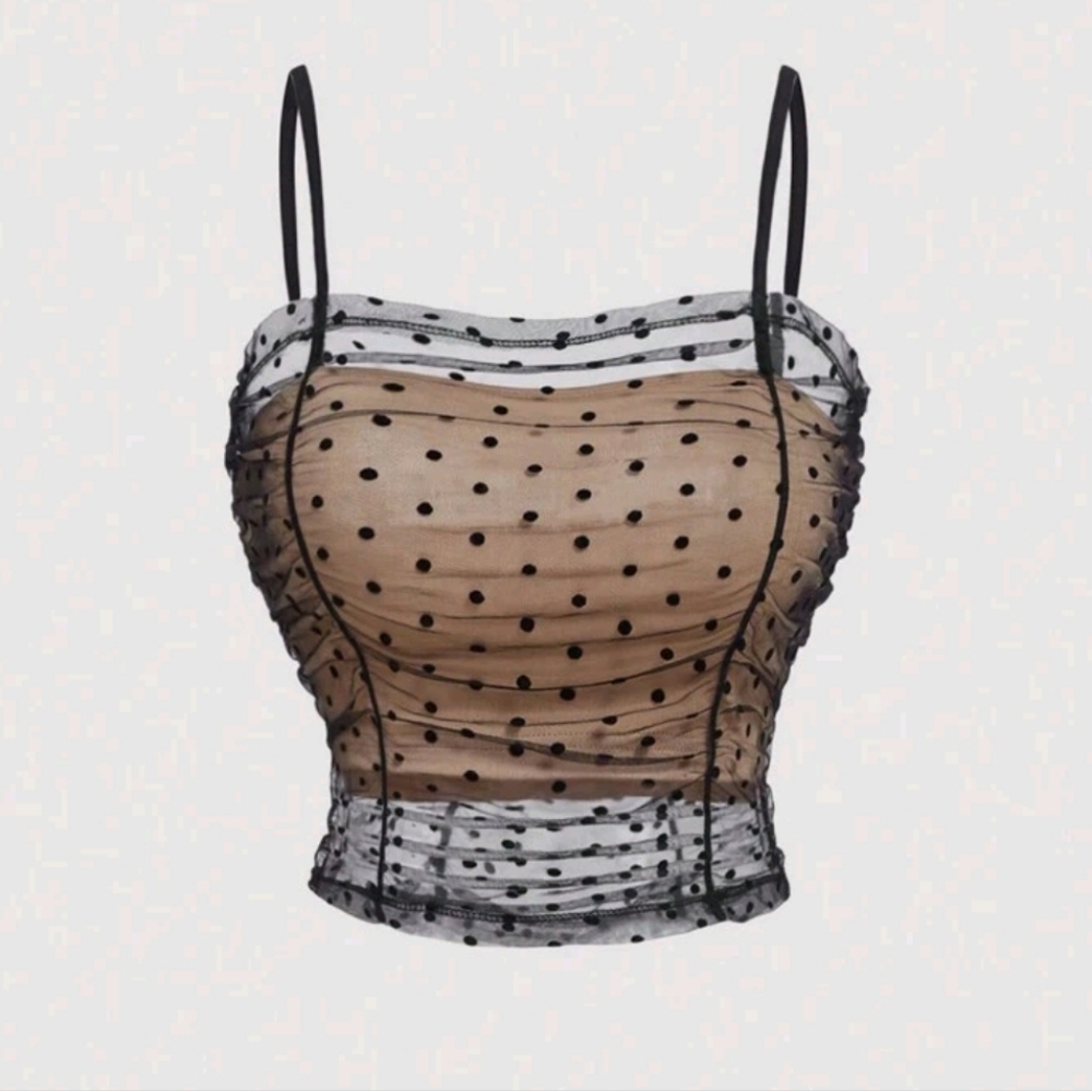Nude With Sheer Black Polka Dot Mesh Overlay Cropped Tank Top (S)